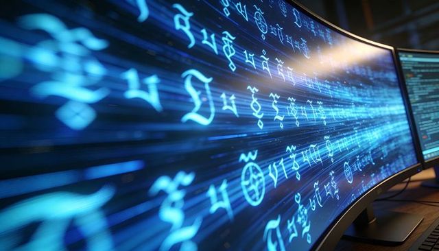 Curved ultra-wide monitor showing streaming cyan glyphs and terminal code on workstation