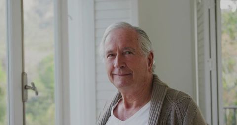 Smiling Senior Man By Window Reflecting Tranquil Lifestyle