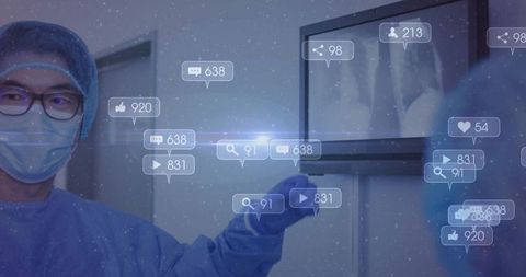 Doctor reviewing chest x-ray on monitor with digital ui overlays for telemedicine