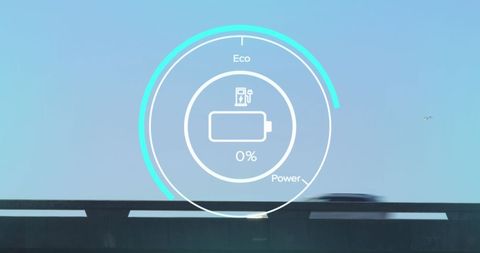 Electric car driving over highway with eco power display overlay