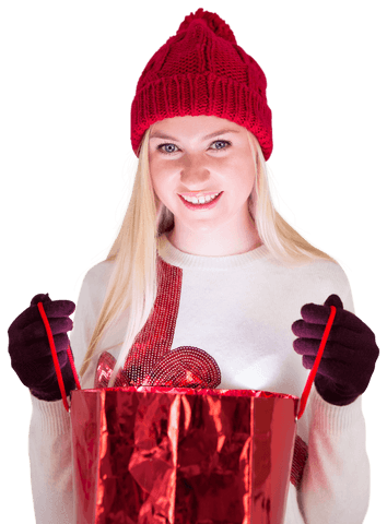 Smiling Woman with Gift Bag in Transparent Background