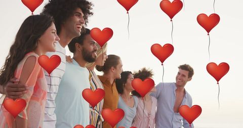 Diverse Friends Embracing on Beach with Heart Icons Overlay - Download Free Stock Images Pikwizard.com