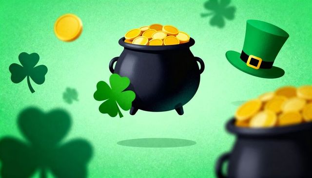 Overflowing pot of gold spilling coins with shamrocks and leprechaun hat on green background