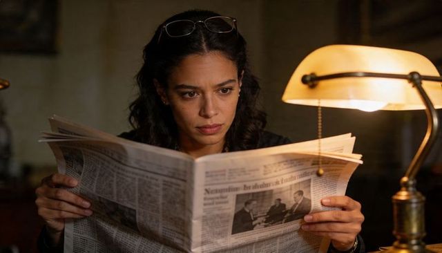 Concentrated woman reading newspaper at wooden desk under warm banker lamp, glasses on head