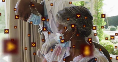 Senior African American Woman Receives Vaccination from Doctor with Digital Overlay