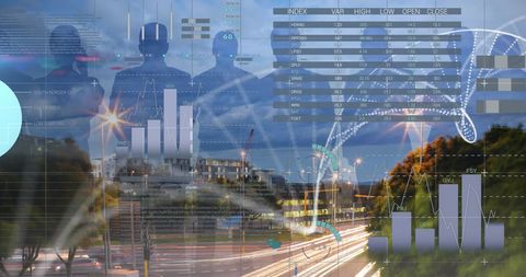 Digital Data Visualization Overlaying Urban Cityscape