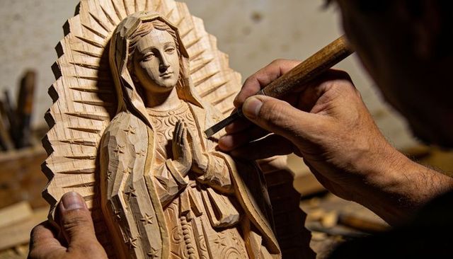 Artisan carving wooden virgin of guadalupe statue with chisel, detailed religious sculpture
