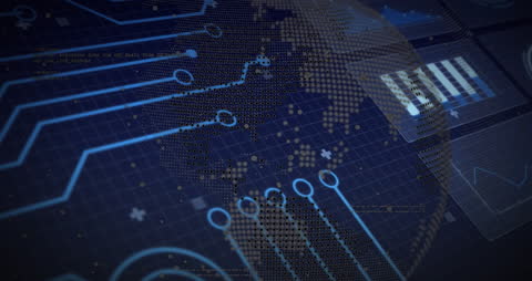 Tech Interface Displays Looking Modern World Map with Data Visualization