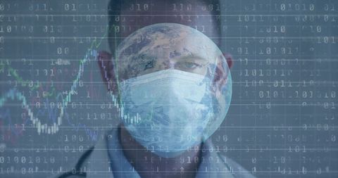 Masked Doctor Facing Digital Globe with Data Streams and Market Charts Visualizing Global Health