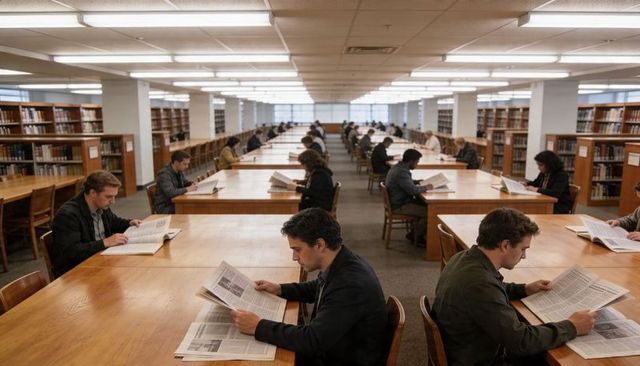 Adults reading newspapers in quiet library reading room with wooden tables and shelves