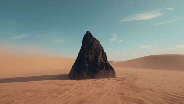 Solitary jagged dark rock in endless desert landscape