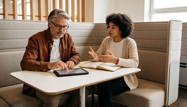 Mentor discussing strategy with colleague using tablet in modern office booth