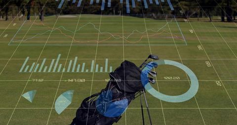 Golf clubs on fairway with analytics display