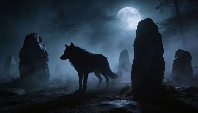 Lone wolf silhouette standing in foggy moonlit stone circle with ancient menhirs