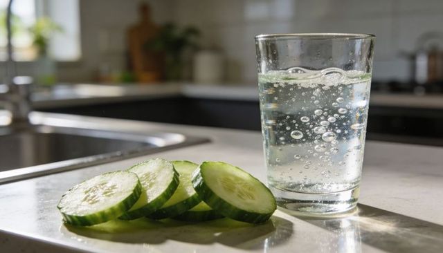 Sparkling water with cucumber slices sitting on sunlit kitchen countertop