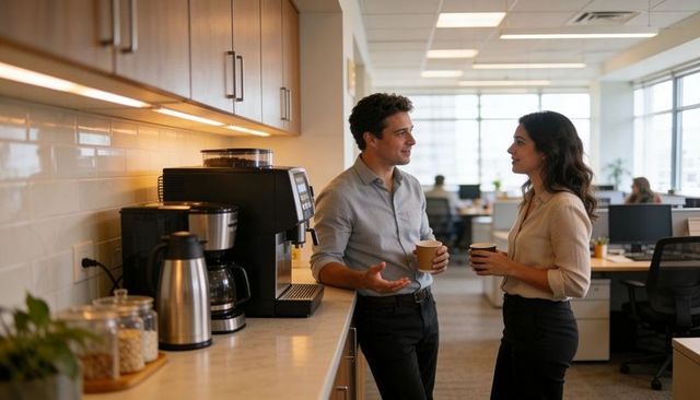 Coworkers Chatting by Office Coffee Station Holding Cups, Casual Breakroom Conversation