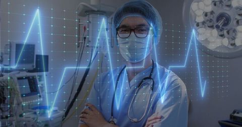 Surgeon in Operating Room with Digital Cardiograph Hologram