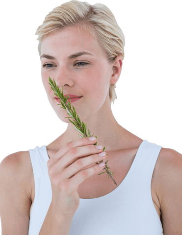 Woman Smelling Rosemary Herb Leaf with Transparent Background