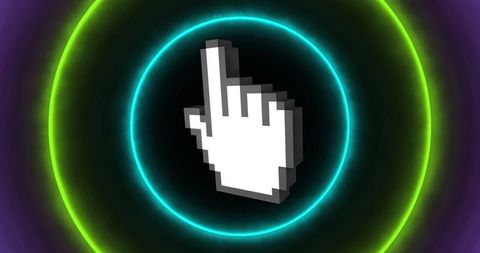 Pixel art hand cursor with neon circles in cyber graphic