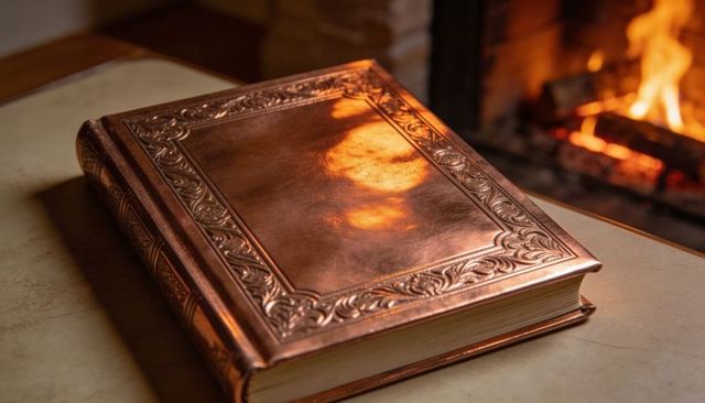 Ornate embossed hardcover book reflecting copper firelight on cozy hearthside table