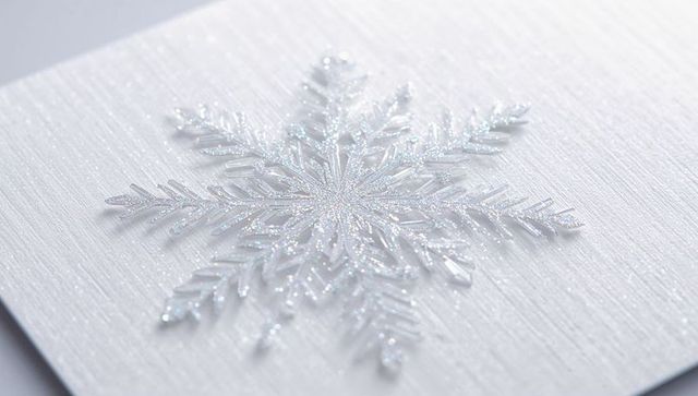 Glittering snowflake ornament on textured cardstock catching soft blue highlights