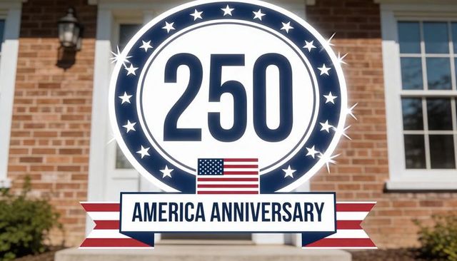 250 america anniversary emblem over brick porch with patriotic flag ribbon decor yard sign