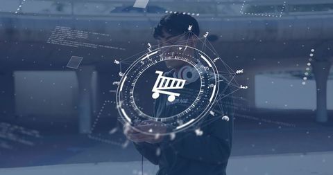 Young man tapping smartphone with holographic shopping cart hud and digital network