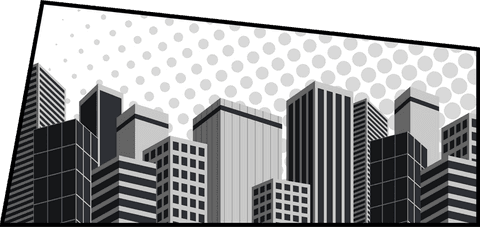 Grayscale urban skyline with skyscrapers and halftone transparent background