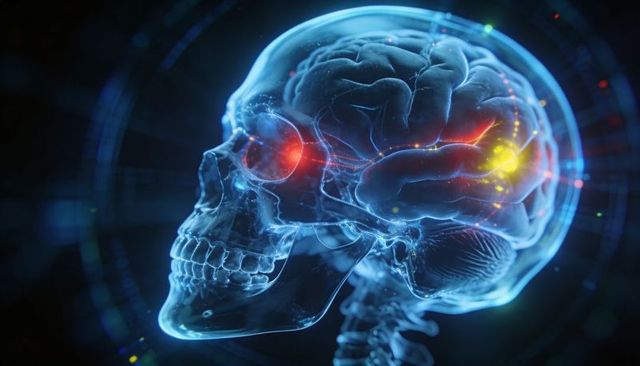 Translucent skull revealing neural activation and glowing brain signals in futuristic hud