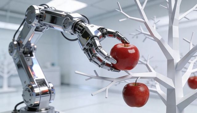 Chrome robotic arm picking glossy red apple from geometric white tree in high-tech lab