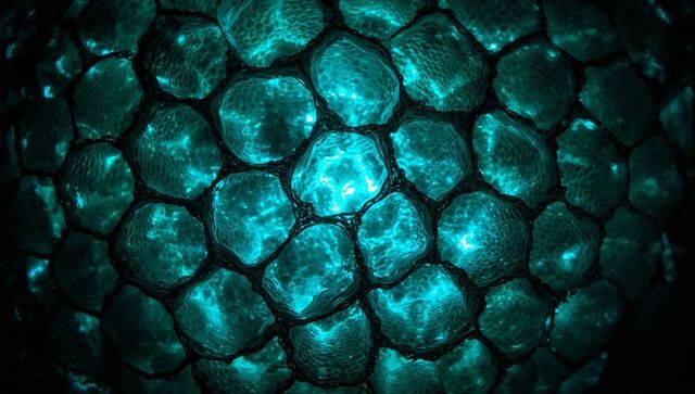 Luminescent honeycomb cells emitting teal glow in dark void, macro biomorphic pattern