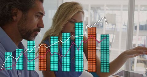 Business teammates analyzing interactive dashboard with colorful bar and line charts