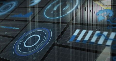 Futuristic data analysis with holographic projections in server room