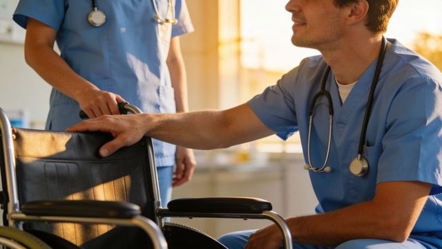 Healthcare team adjusting wheelchair in sunlit clinic, nursing staff supporting mobility