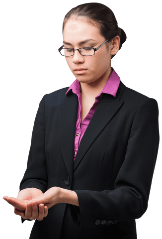 Transparent Businesswoman Holding Hands Out Thoughtfully