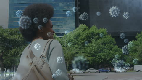 Virus Particles Floating on City Street with Woman