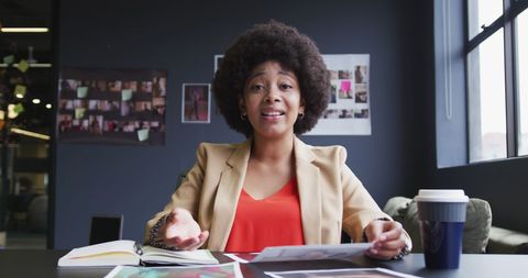 Biracial Woman Discussing Work in Modern Office
