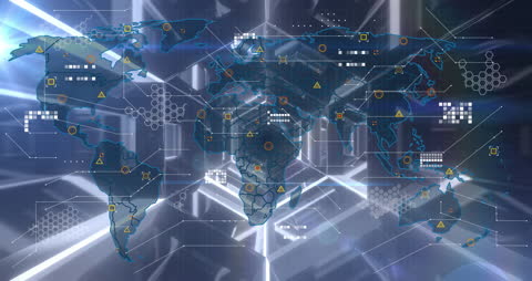 Futuristic Digital World Map with Data Overlay Elements