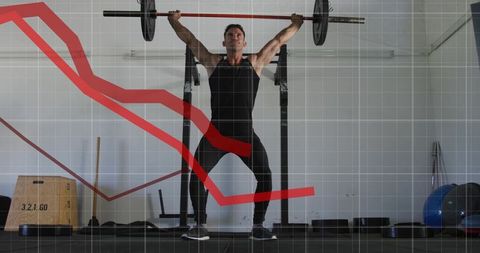 Man holding overhead barbell under squat rack with red declining chart overlay gym strength