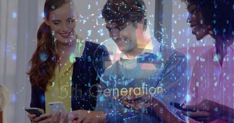 Colleagues Discussing Smartphone Features with 5G Digital Overlay