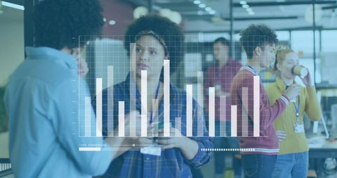 Financial Analysis Overlay on Diverse Coworkers in Office Scene
