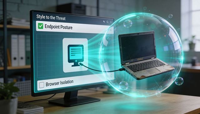 Holographic endpoint shielding worn laptop connected via secure cable to security monitor