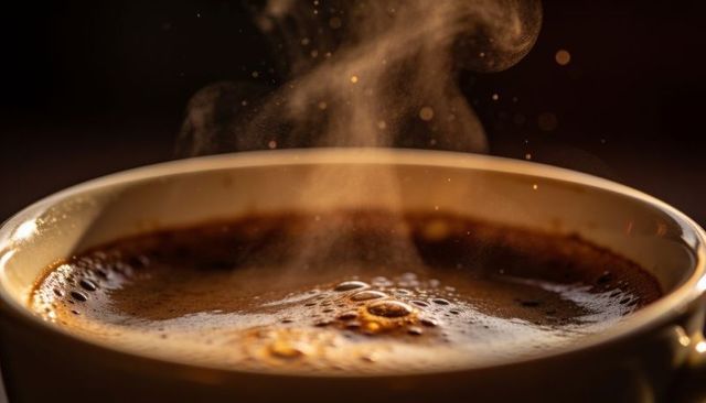 Steaming dark espresso cup releasing crema with warm amber bokeh glow