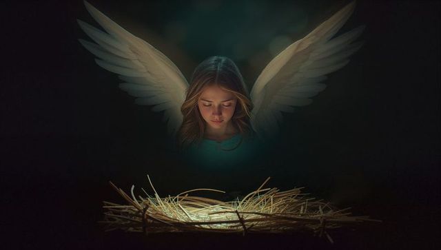 Angelic child with glowing wings above lighted nest
