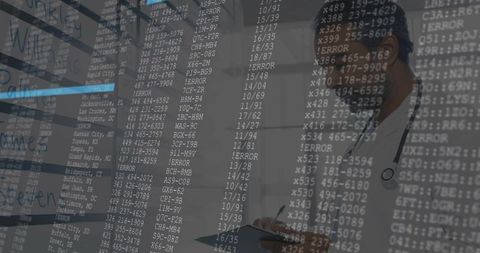 Technology professional managing cybersecurity risks with data overlay