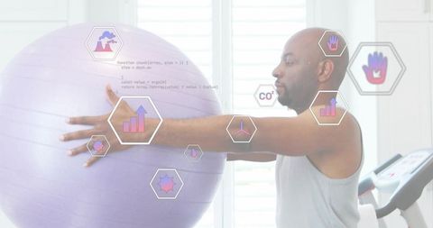 Man pressing purple stability ball in bright home gym with holographic fitness data overlays