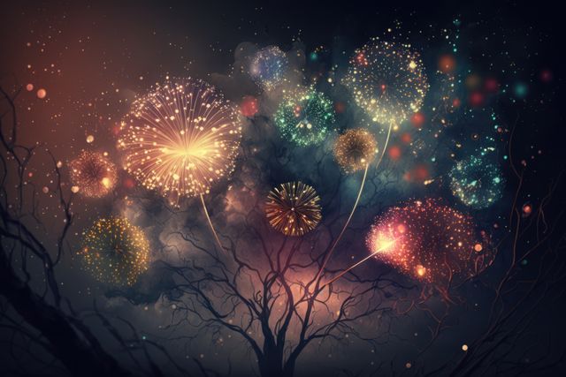 Multi coloured fireworks exploding over tree, created using generative ai technology. New year's eve and celebration concept digitally generated image.