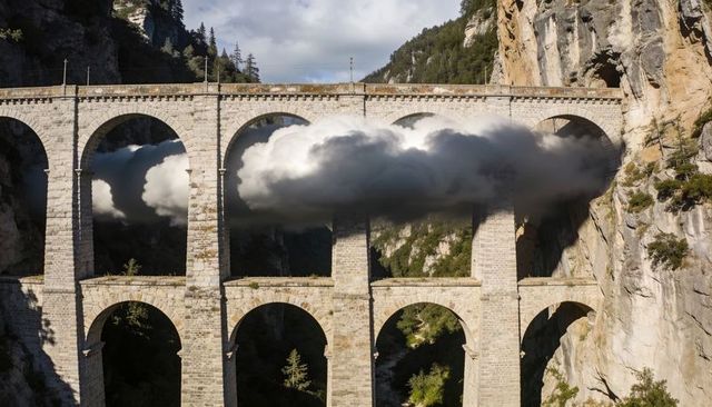 Dramatic rugged low cloud threading through two-tier stone viaduct spanning alpine canyon