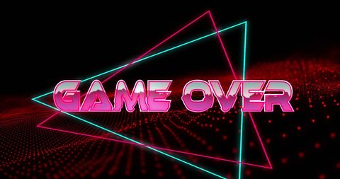 Retro styled game over text with neon lights and mesh background