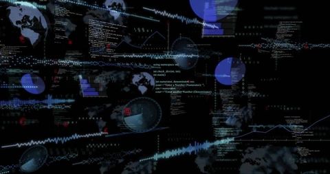 Streaming data network displaying neon analytics dashboard with code, charts and radar